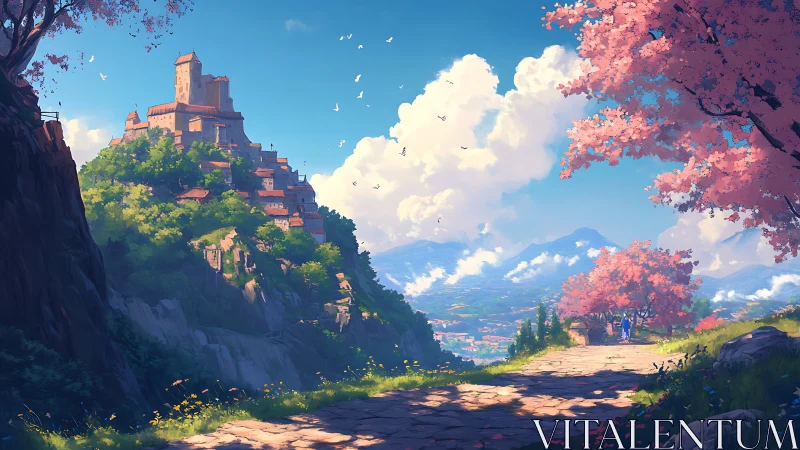 Hilltop fortress settlement above valley with spring trees.