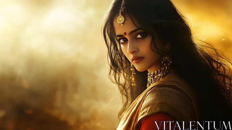 Golden dusk gaze of a jeweled woman wrapped in silence.