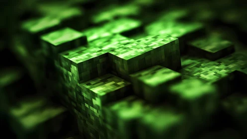 Close-up of Green Pixelated Blocks in Minecraft-Inspired Style.