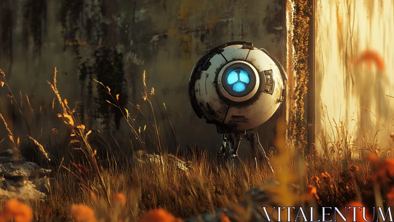 Spherical reconnaissance drone in overgrown post-urban ruin.