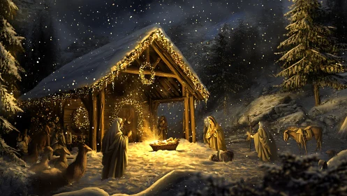 Nighttime nativity scene is illuminated inside snowy shelter