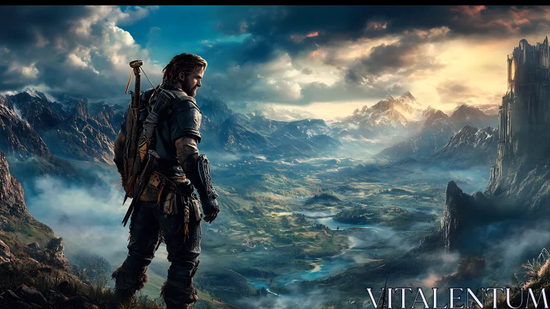 Lone wanderer gazes toward a glowing, misty fantasy valley.