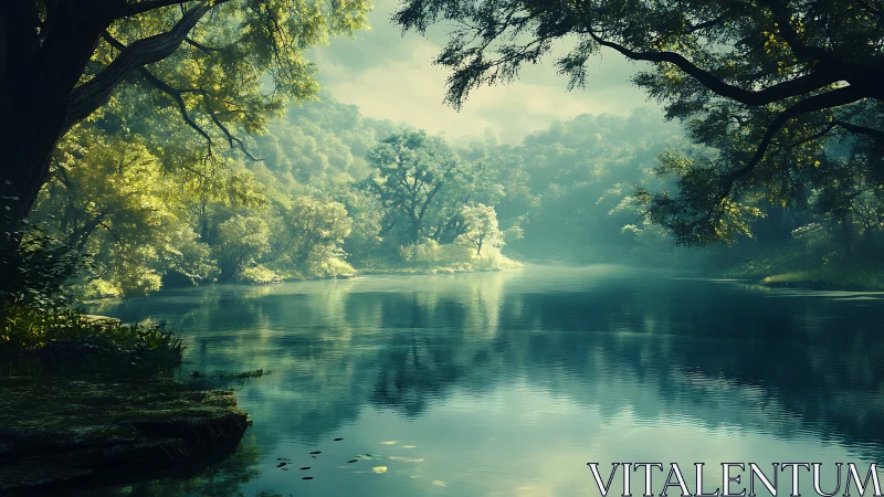 Misty Riverside Sanctuary with Verdant Canopy Framing.