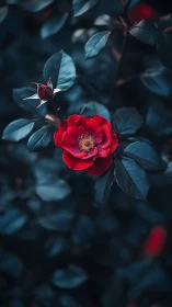 Red Rose Bloom with Cinematic Blue-Tinted Bokeh Foliage