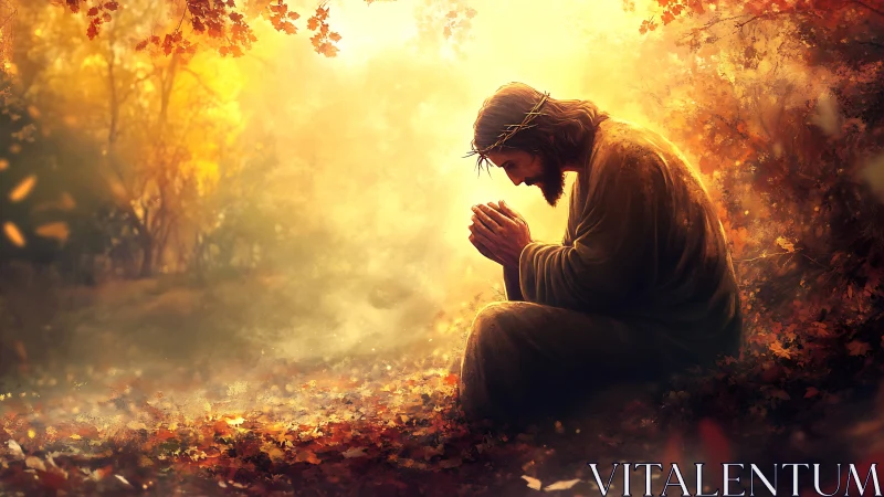 Kneeling robed man in crown of thorns in glowing forest light.