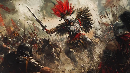 Warlord in feathered armor charges through a chaotic battlefield