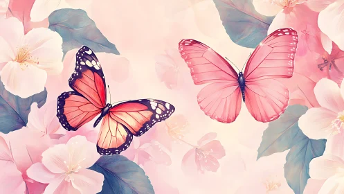 Pink butterflies among pale blossoms in soft focus scene.