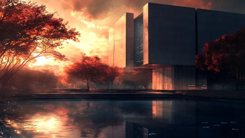 Modern Architecture Reflected in Golden Sunset Glow.