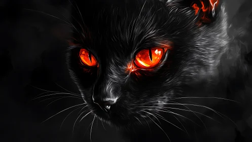 Black feline portrait with luminous orange eyes in shadowed field.