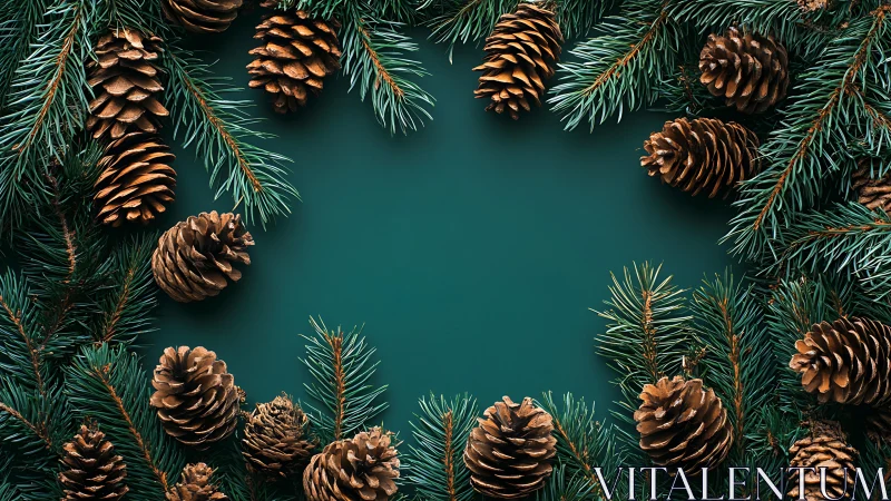 Pine branches and cones framing centered green background.