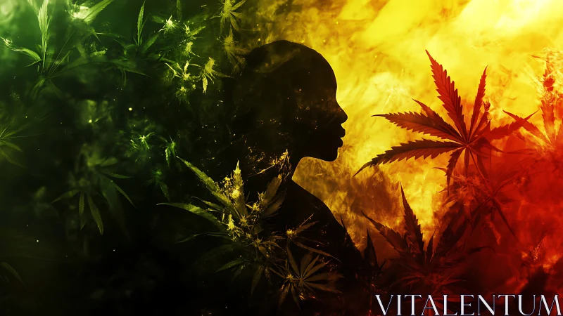 Silhouette in warm rasta colors with dreamy leafy glow.