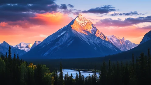 Alpenglow-illuminated alpine peak above conifer river basin.