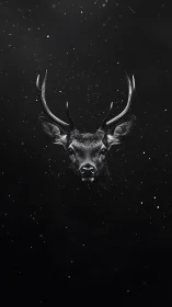 Stag head in dark space with subtle falling snowflakes.