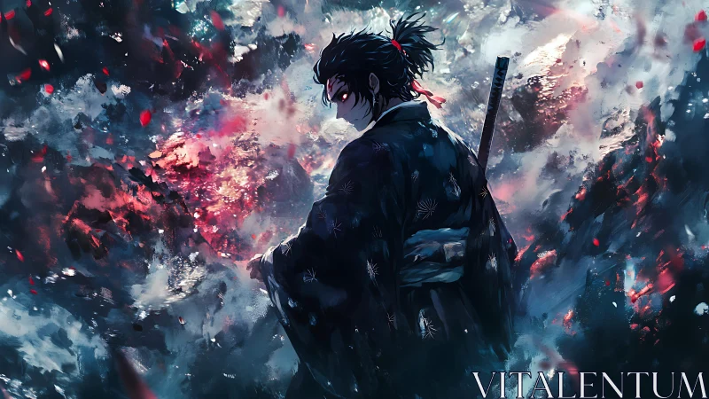 Samurai warrior in dark kimono amid swirling embers.