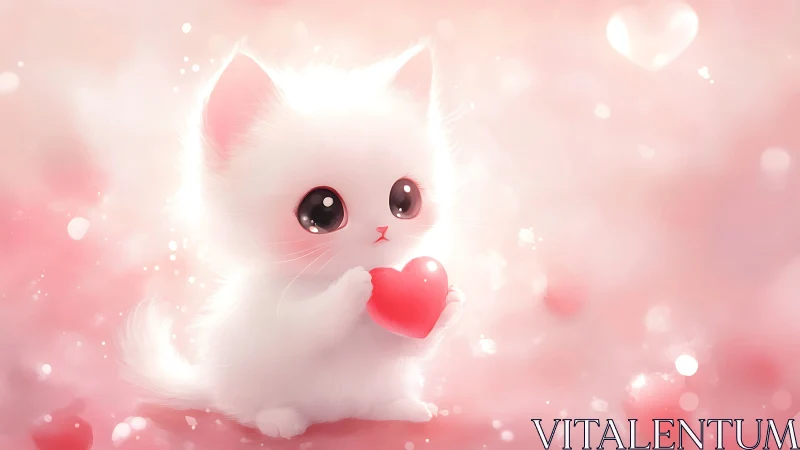 White cat holding red heart against soft pink background