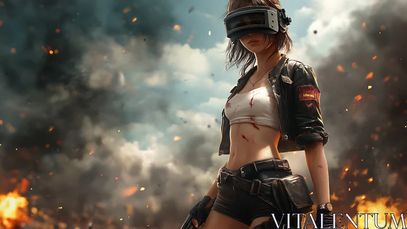 Cyberpunk warrior girl stands in burning battlefield haze.