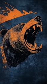 Roaring bear illustration in bold orange on grunge navy background.