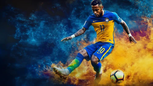 Brazilian soccer player in dynamic kick over abstract field.