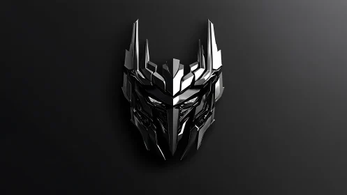 Sleek chrome robot mask shining against soft dark shadows.