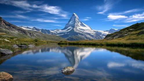 Symmetric alpine peak mirrored in high-altitude glacial lake
