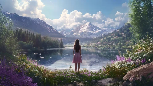 Mountain lake hush welcomes a pink dress daydreamer