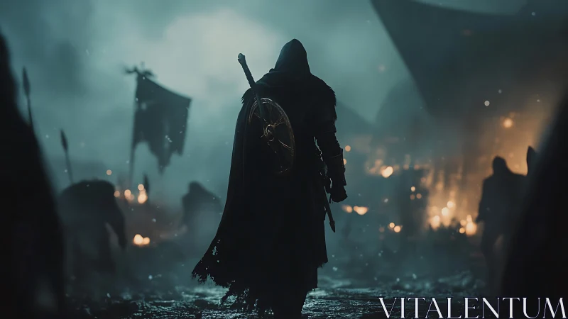 Hooded warrior advancing through burning fog of war.