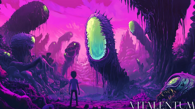 Bioluminescent alien valley with lone silhouetted explorer.