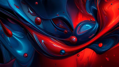 Luminous red and blue waves swirling in liquid motion.