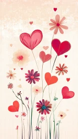 Hearts and Flowers Dance Against Cream Background.