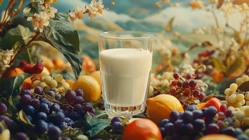 Inviting glass of milk among colorful summer fruits.