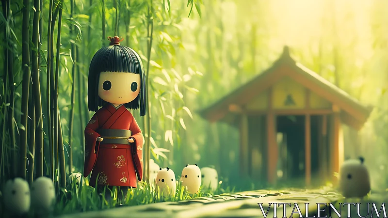 Stylized child figure stands in bamboo forest near shrine