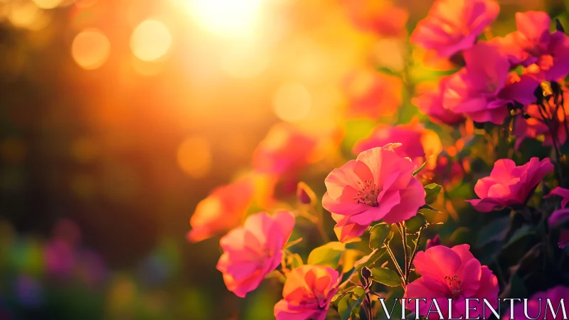 Pink Roses in Golden Hour Sunlight with Bokeh Background