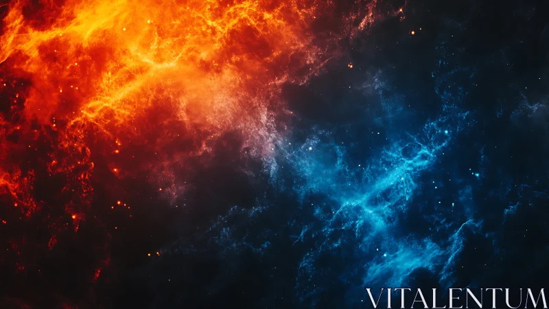 Dual colored nebula field with orange and blue gas clouds.