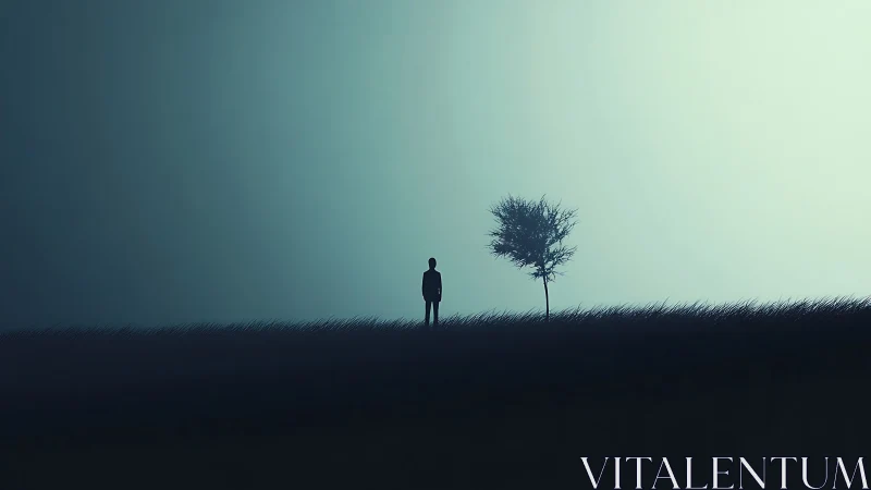 Silhouetted person and lone tree on horizon at dusk.