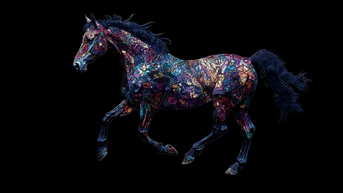 Prismatic mosaic horse rendered as luminous digital silhouette
