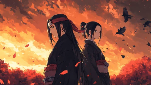 Samurai pair in autumn blaze under dramatic ember sky.