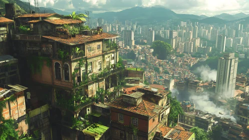Overgrown hillside favela facing dense modern city skyline.