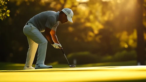 Golfer preparing putt on green under warm backlighting.