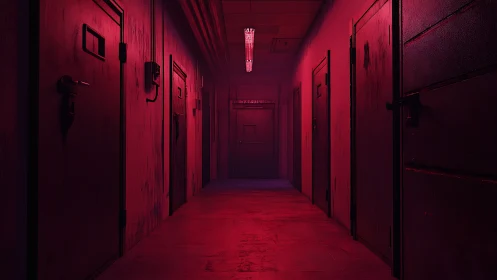 Red-lit prison corridor glows with eerie, claustrophobic tension