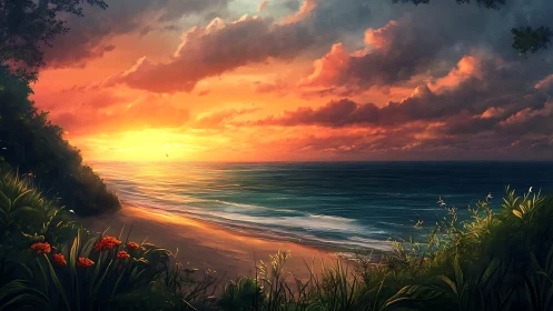 Luminous coastal sunset with stratified clouds and surf dynamics.