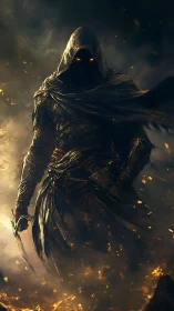 Hooded wraith warrior emerging through burning embers.
