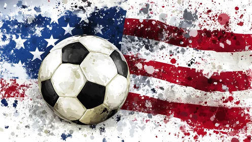 Soccer ball over splattered United States flag backdrop.