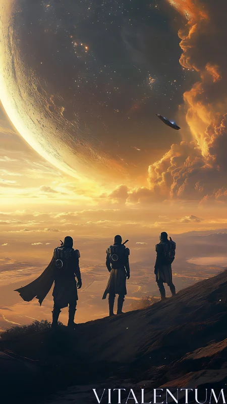 Three cloaked explorers under massive ringed planet.