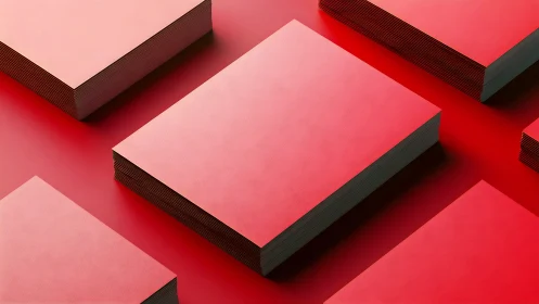 Orthogonal arrays of red cardstock stacks under raking light.