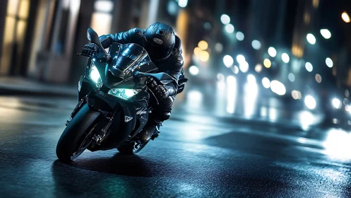 Midnight superbike hunter carving neon-lit city streets.