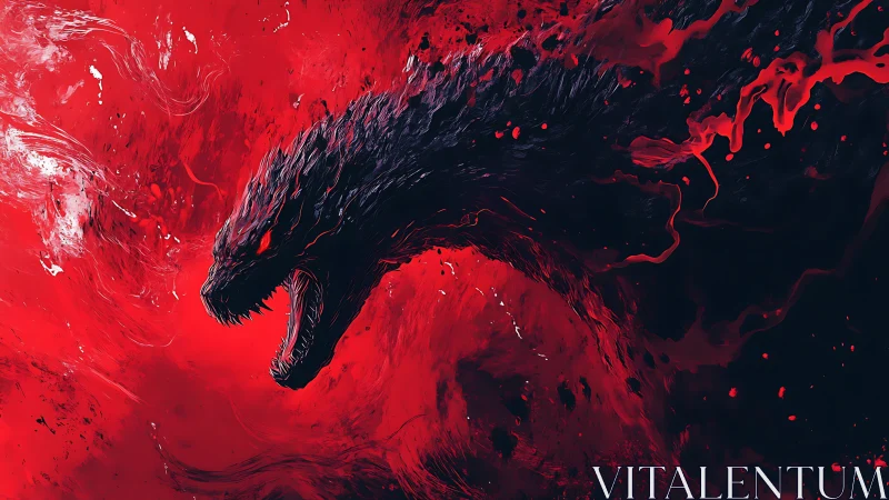 Ferocious black dragon head bursts through red chaos.