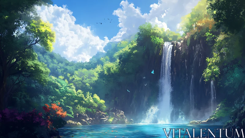 Sunlit forest waterfall pours into tranquil turquoise pool.