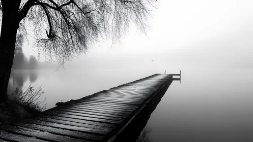 Quiet pier stretching into fog, where grayscale silence hums.