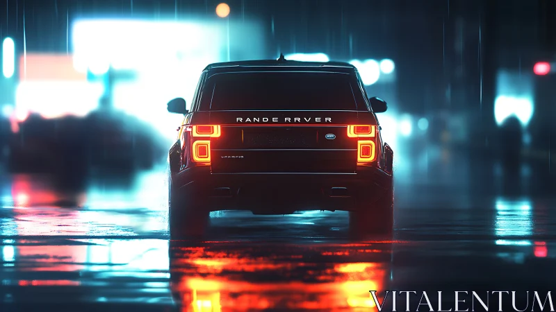 Midnight SUV glows on neon rain-slicked cybercity street.