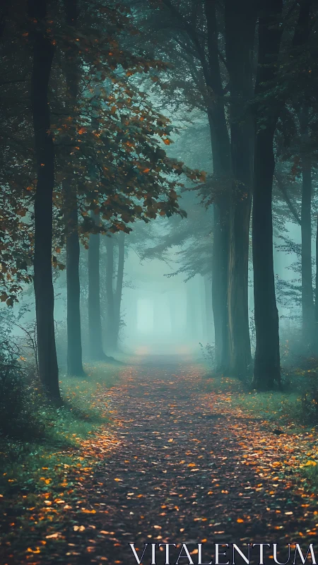 Misty woodland corridor with golden leaf carpet and atmospheric teal-cyan light penetration